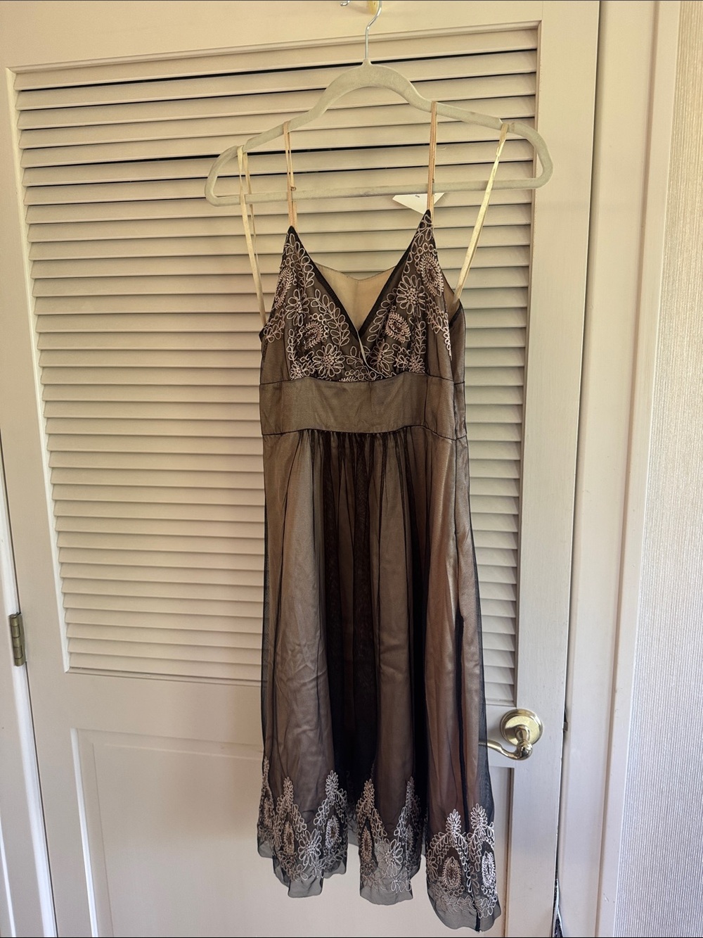 Sleeveless Midi Dress with Embroidered Hem in Brown, size fits US2-4